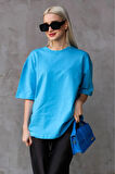 Süper Kalite Kadın %100 Pamuk Turkuaz Bisiklet Yaka Oversize Boyfriend T-shirt