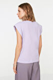 %100 Pamuk Kadın Lila Vatka Görünümlü Koltuk Altı Parçalı Yarasa Bisiklet Yaka Tişört