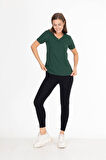 %100 Pamuk Süper Kalite Zümrüt Yeşili V Yaka Kadın Basic Tişört Örme Pamuk Penye T-shirt