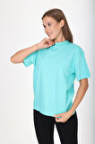 %100 Organik Pamuk Kadın Mint Yeşili Basic Ribana'lı Dik Yaka Örme T-shirt Yarım Balıkçı