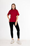%100 Organik Pamuk Kadın Bordo Basic Ribana'lı Dik Yaka Örme T-shirt Yarım Balıkçı