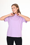 %100 Organik Pamuk Kadın Lila Basic Ribana'lı Dik Yaka Örme T-shirt Yarım Balıkçı
