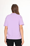 %100 Organik Pamuk Kadın Lila Basic Ribana'lı Dik Yaka Örme T-shirt Yarım Balıkçı