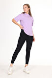 %100 Organik Pamuk Kadın Lila Basic Ribana'lı Dik Yaka Örme T-shirt Yarım Balıkçı