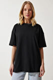 Süper Kalite Kadın %100 Pamuk Siyah Bisiklet Yaka Oversize Boyfriend T-shirt