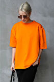 Süper Kalite Unisex Pamuk Oranj Bisiklet Yaka Oversize Boyfriend T-shirt Kadın Erkek Turuncu Orange