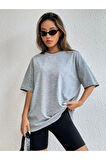 Süper Kalite Unisex Pamuk Gri Melanj Bisiklet Yaka Oversize Boyfriend T-shirt Kadın Erkek Tişört