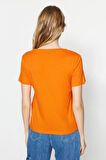 %100 Pamuk Süper Kalite Oranj V-yaka Kadın Basic Tişört Örme Pamuk Penye T-shirt Turuncu Orange