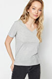 %100 Pamuk Süper Kalite Gri Melanj V-yaka Kadın Basic Tişört Örme Pamuk Penye T-shirt