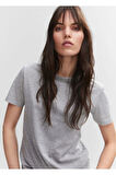 %100 Pamuk Süper Kalite Kadın Tişört Düz Renk Gri Melanj Bisiklet Yaka Organik Pamuk Penye T-shirt