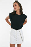 Siyah %100 Pamuk Vatkalı Crop Bisiklet Yaka Örme T-shirt