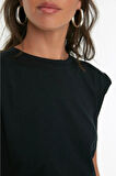 Siyah %100 Pamuk Vatkalı Crop Bisiklet Yaka Örme T-shirt