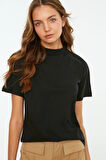 %100 Organik Pamuk Kadın Siyah Basic Ribana'lı Dik Yaka Örme T-shirt