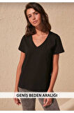 süper kalite siyah ve beyaz 2`li paket V-yaka kadın Basic tişört örme pamuk penye t-shirt