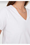 süper kalite Beyaz V yaka kadın tişört düz renk basic organik pamuk örme penye t-shirt