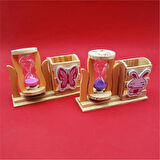 Ahşap Kedili Mor Kum Saatli Kalemlik