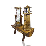 Dekoratif Deniz Feneri Tasarımlı Kum Saatli Ahşap Altlıklı Masa Süsü Altın Renk