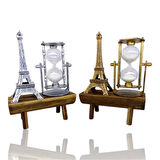 Dekoratif Eyfel Kulesi Tasarımlı Kum Saatli Ahşap Altlıklı Masa Süsü Gümüş Renk
