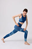 Seamless Mavi Takım Sporcu Yüksek Bel Tayt ve Kalın Askılı Balensiz Crop Top Büstiyer
