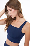 Lacivert Kare Yaka Crop Top Büstiyer