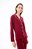 Bordo Önden Düğmeli Pamuklu Kadın Pijama Takımı