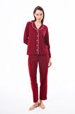 Bordo Önden Düğmeli Pamuklu Kadın Pijama Takımı