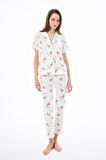 Premium Kadın Pijama Takımı Ayıcık Desenli Yumuşak Dokulu Kısa Kollu Gömlek Yaka