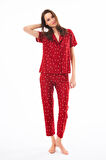 Premium Kadın Pijama Takımı Kırmızı Kalp Desenli Yumuşak Dokulu Kısa Kollu Gömlek Yaka