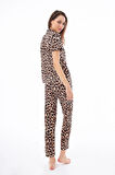 Premium Kadın Pijama Takımı Leopar Desenli Yumuşak Dokulu Kısa Kollu Gömlek Yaka