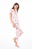 Premium Kadın Pijama Takımı Krem Ayıcık Desenli Yumuşak Dokulu Kısa Kollu Gömlek Yaka