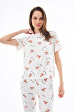 Premium Kadın Pijama Takımı Ayıcık Desenli Yumuşak Dokulu Kısa Kollu Bisiklet Yaka
