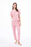 Premium Kadın Pijama Takımı Kiraz Desenli Yumuşak Dokulu Kısa Kollu Bisiklet Yaka