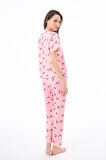 Premium Kadın Pijama Takımı Kiraz Desenli Yumuşak Dokulu Kısa Kollu Bisiklet Yaka
