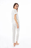 Premium Kadın Pijama Takımı Krem Kalp Desenli Yumuşak Dokulu Kısa Kollu Bisiklet Yaka