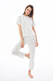 Premium Kadın Pijama Takımı Krem Kalp Desenli Yumuşak Dokulu Kısa Kollu Bisiklet Yaka