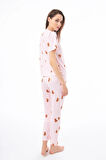 Premium Kadın Pijama Takımı Krem Ayıcık Desenli Yumuşak Dokulu Kısa Kollu Bisiklet Yaka
