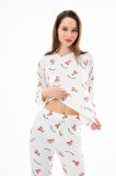 Premium Kadın Pijama Takımı Ayıcık Desenli Yumuşak Dokulu Bisiklet Yaka Uzun Kollu