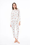 Premium Kadın Pijama Takımı Ayıcık Desenli Yumuşak Dokulu Bisiklet Yaka Uzun Kollu
