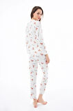 Premium Kadın Pijama Takımı Ayıcık Desenli Yumuşak Dokulu Bisiklet Yaka Uzun Kollu