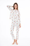 Premium Kadın Pijama Takımı Ayıcık Desenli Yumuşak Dokulu Bisiklet Yaka Uzun Kollu