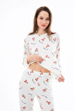 Premium Kadın Pijama Takımı Ayıcık Desenli Yumuşak Dokulu Bisiklet Yaka Uzun Kollu