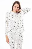Premium Kadın Pijama Takımı Krem Kalp Desenli Yumuşak Dokulu Bisiklet Yaka Uzun Kollu