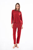 Premium Kadın Pijama Takımı Kırmızı Kalp Desenli Yumuşak Dokulu Bisiklet Yaka Uzun Kollu