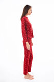 Premium Kadın Pijama Takımı Kırmızı Kalp Desenli Yumuşak Dokulu Bisiklet Yaka Uzun Kollu