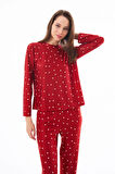 Premium Kadın Pijama Takımı Kırmızı Kalp Desenli Yumuşak Dokulu Bisiklet Yaka Uzun Kollu