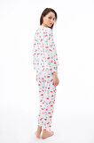 Premium Kadın Pijama Takımı Meyve Desenli Yumuşak Dokulu Bisiklet Yaka Uzun Kollu