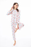 Premium Kadın Pijama Takımı Meyve Desenli Yumuşak Dokulu Bisiklet Yaka Uzun Kollu