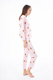 Premium Kadın Pijama Takımı Krem Ayıcık Desenli Yumuşak Dokulu Bisiklet Yaka Uzun Kollu