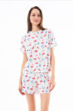 Premium  Yazlık Şortlu Kadın Pijama Takımı Meyve Desenli Yumuşak Dokulu Bisiklet Yaka Kısa Kollu