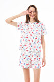 Premium  Yazlık Şortlu Kadın Pijama Takımı Meyve Desenli Yumuşak Dokulu Bisiklet Yaka Kısa Kollu